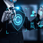 Is AI replacing lawyers a real concern - robot interacting with digital legal technology interface and security icons