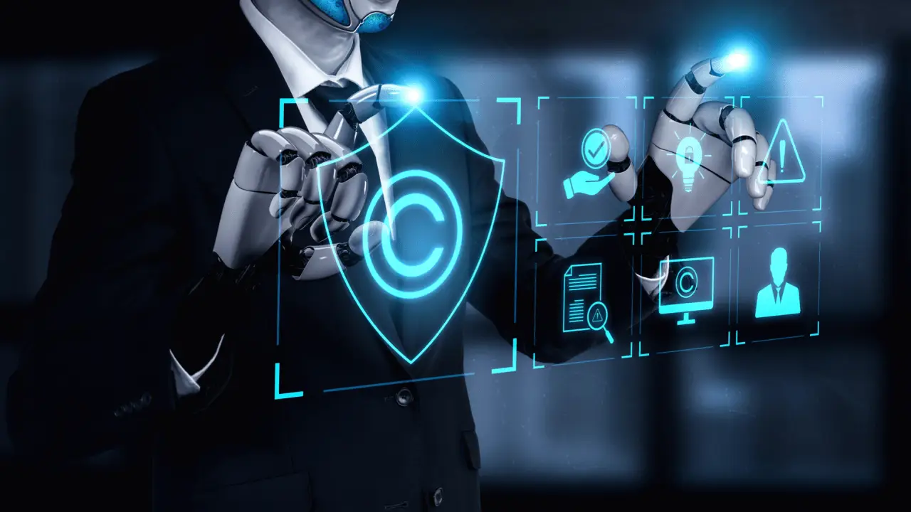 Is AI replacing lawyers a real concern - robot interacting with digital legal technology interface and security icons