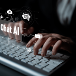 Lawyer using Chat AI technology for legal research and client communication on computer