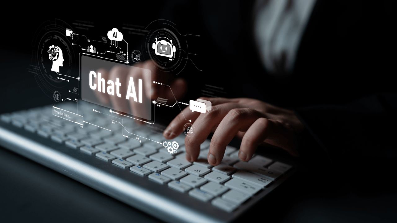 Lawyer using Chat AI technology for legal research and client communication on computer