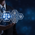 Should lawyers use AI for evidence review - Legal professional presenting digital interface with AI technology and justice scales icons
