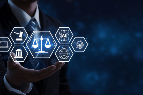 Should lawyers use AI for evidence review - Legal professional presenting digital interface with AI technology and justice scales icons