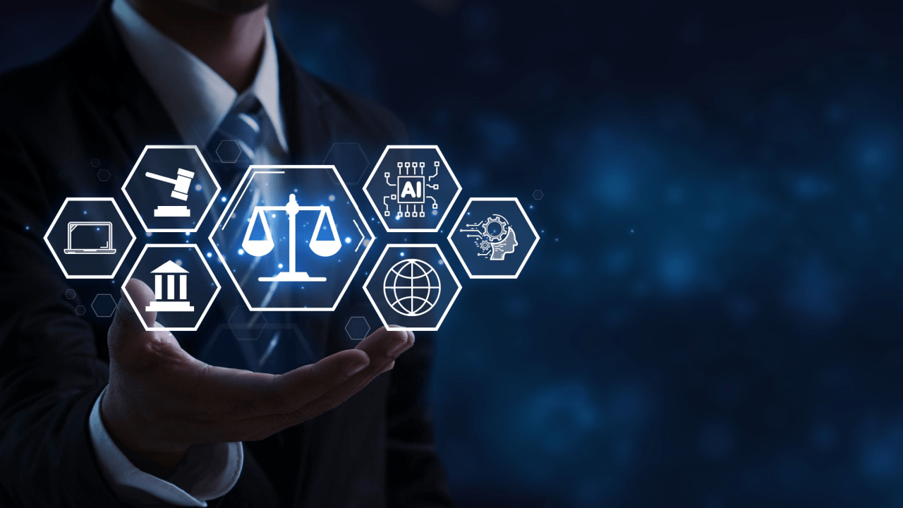 Should lawyers use AI for evidence review - Legal professional presenting digital interface with AI technology and justice scales icons