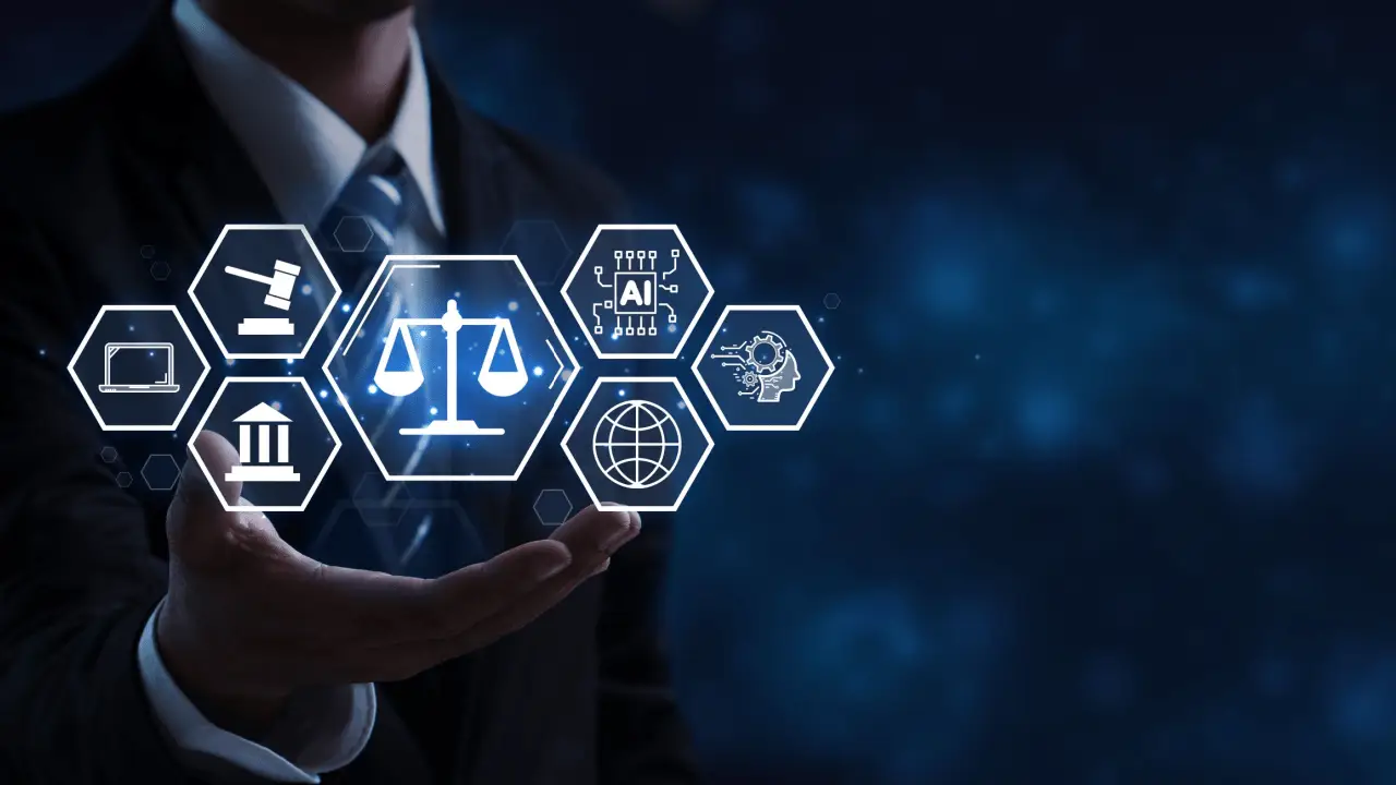Should lawyers use AI for evidence review - Legal professional presenting digital interface with AI technology and justice scales icons