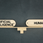 Balance scale comparing what's better for lawyers human written or AI content with artificial intelligence and human labels