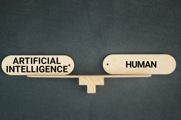 Balance scale comparing what's better for lawyers human written or AI content with artificial intelligence and human labels