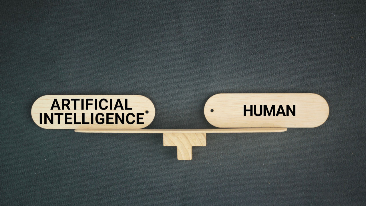 Balance scale comparing what's better for lawyers human written or AI content with artificial intelligence and human labels