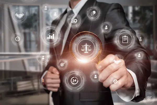 Attorney using evergreen legal marketing SEO strategies with digital technology interface showing scales of justice and analytics icons