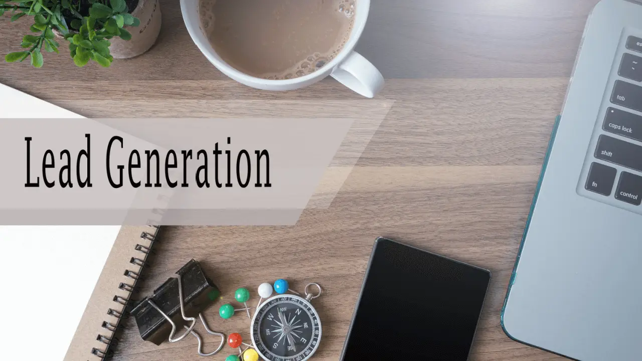 Local SEO legal leads workspace with lead generation text, laptop, compass, and office supplies on desk