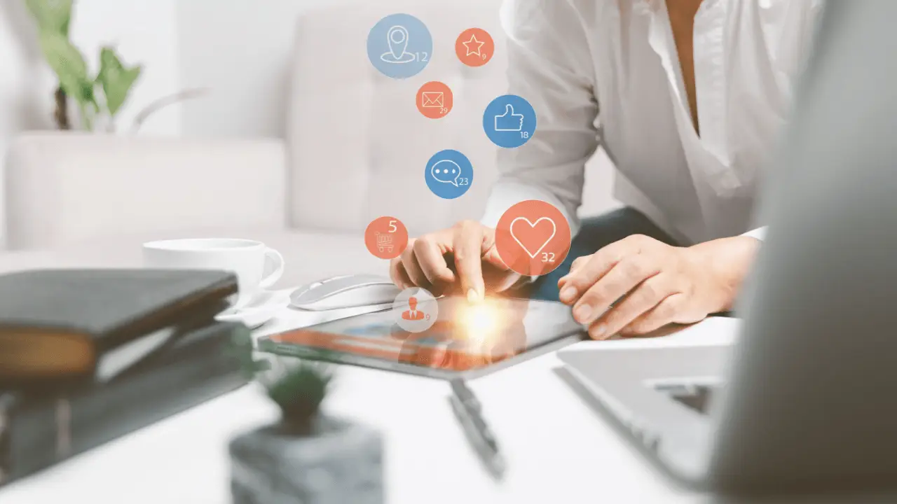 SEO lead generation for law firms with digital tablet showing social engagement metrics, reviews, and location icons