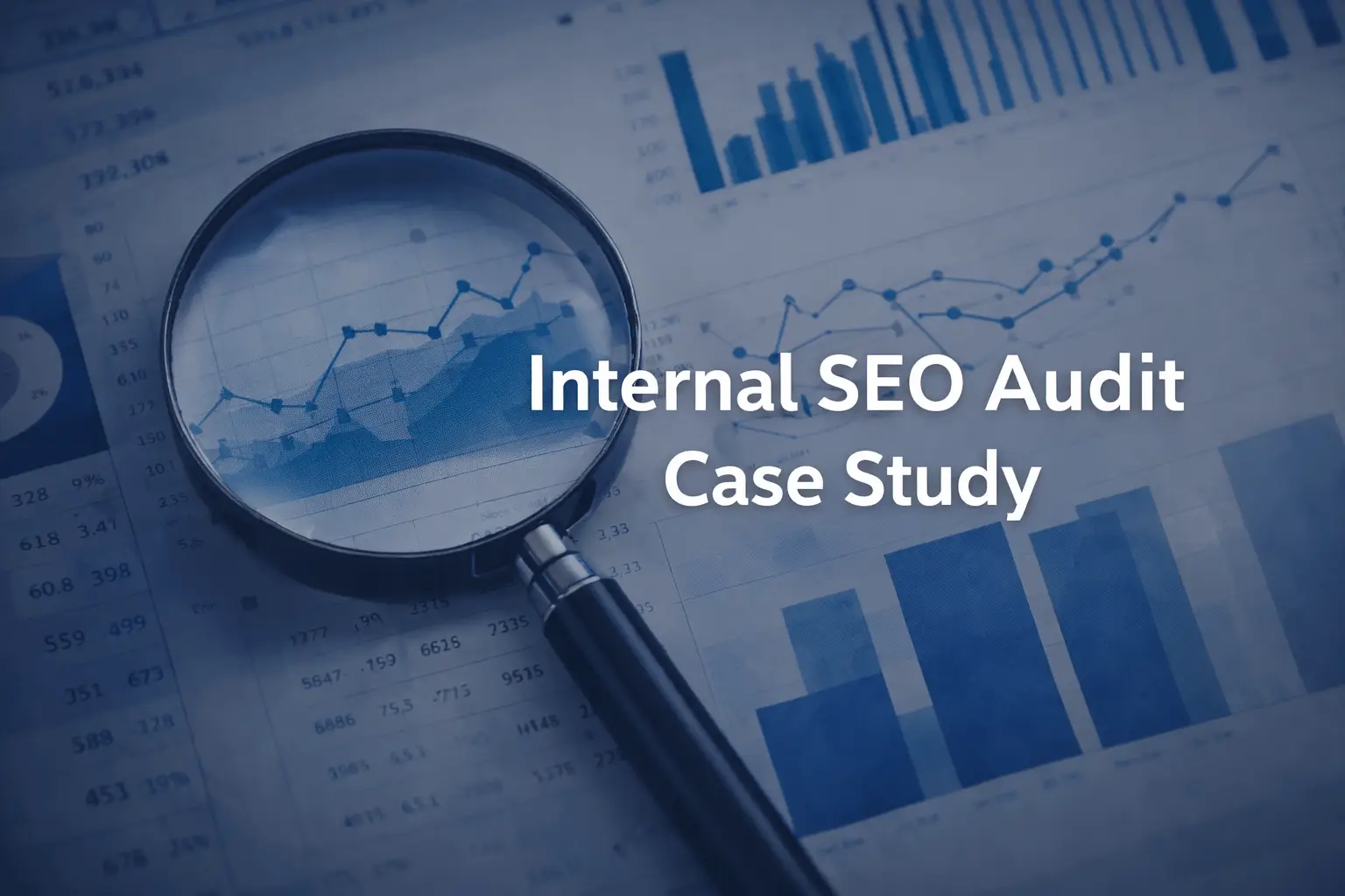 Internal SEO audit case study graphic showing performance charts and analytics under a magnifying glass.