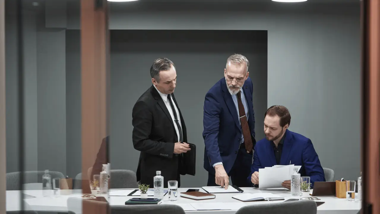 Law firm intake optimization meeting with attorneys reviewing client consultation documents in modern conference room