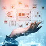 Legal content SEO concept with hand holding holographic SEO icons including target, lightbulb, analytics, and networking symbols