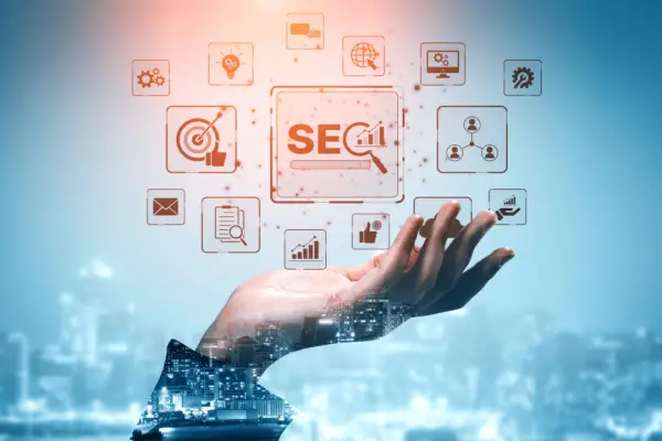 Legal content SEO concept with hand holding holographic SEO icons including target, lightbulb, analytics, and networking symbols