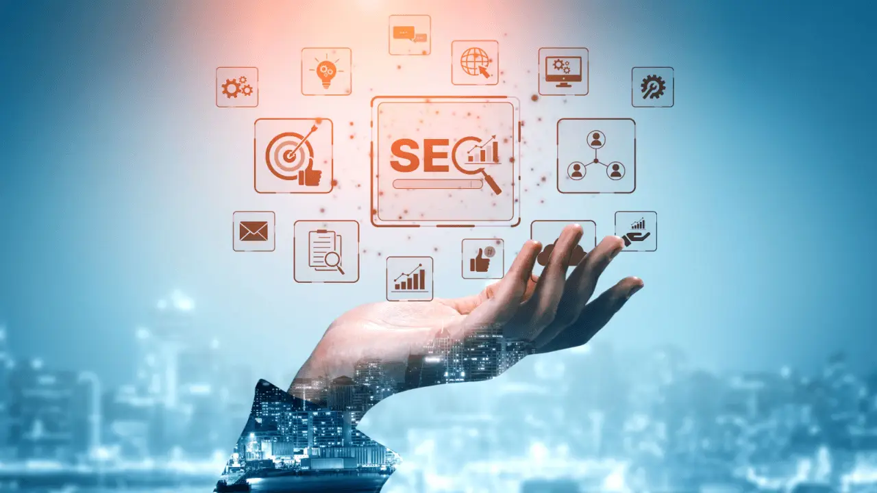 Legal content SEO concept with hand holding holographic SEO icons including target, lightbulb, analytics, and networking symbols