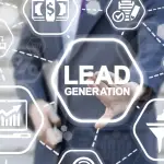 Legal lead generation SEO concept with businessman touching lead generation interface showing marketing analytics and conversion icons