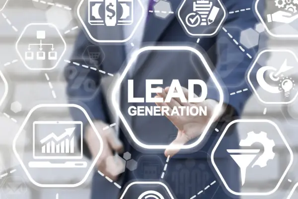 Legal lead generation SEO concept with businessman touching lead generation interface showing marketing analytics and conversion icons