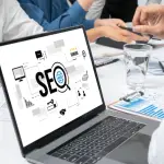Legal SEO authority building team meeting with laptop showing SEO strategy, analytics charts, and digital marketing icons