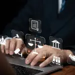 Attorney implementing legal SEO content strategy on laptop with digital legal marketing icons