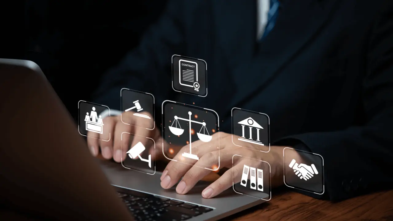 Attorney implementing legal SEO content strategy on laptop with digital legal marketing icons