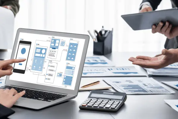 Legal SEO framework strategy session with digital marketing wireframes and analytics data on laptop for law firm optimization