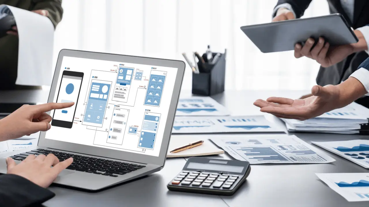 Legal SEO framework strategy session with digital marketing wireframes and analytics data on laptop for law firm optimization