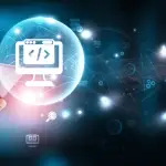 Legal SEO strategy concept with hands holding tablet displaying holographic globe, coding symbols, and interconnected digital marketing icons