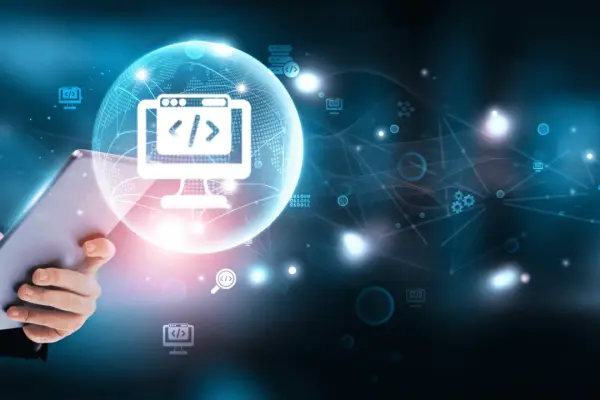 Legal SEO strategy concept with hands holding tablet displaying holographic globe, coding symbols, and interconnected digital marketing icons