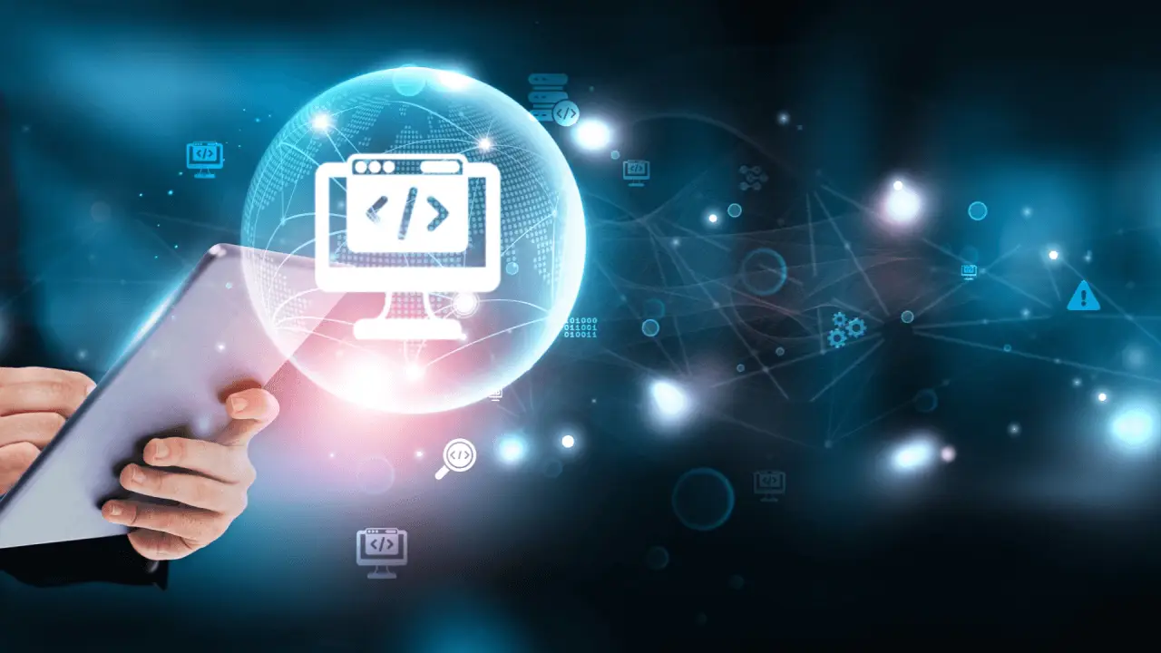 Legal SEO strategy concept with hands holding tablet displaying holographic globe, coding symbols, and interconnected digital marketing icons