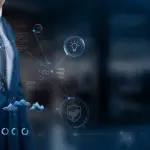 Legal SEO concept with businessman holding digital globe showing interconnected web development, innovation, and security icons