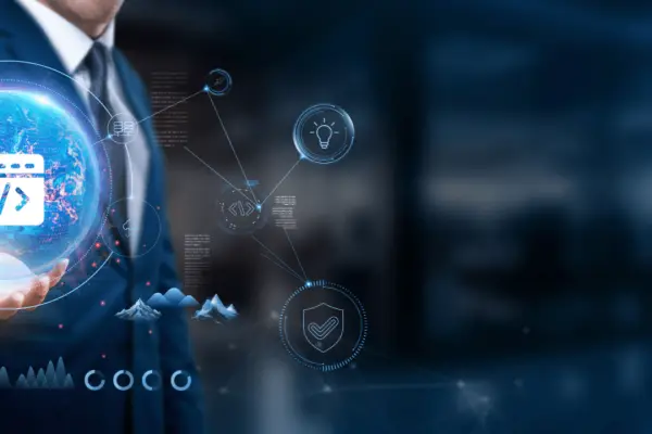 Legal SEO concept with businessman holding digital globe showing interconnected web development, innovation, and security icons