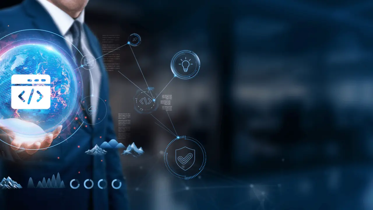 Legal SEO concept with businessman holding digital globe showing interconnected web development, innovation, and security icons