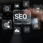 Legal SEO ROI concept with hand touching holographic SEO interface showing analytics, target, innovation, and growth measurement icons
