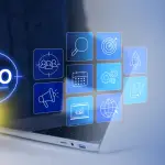 Attorney measuring legal SEO performance metrics on laptop with analytics dashboard icons