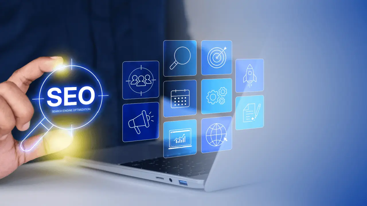 Attorney measuring legal SEO performance metrics on laptop with analytics dashboard icons